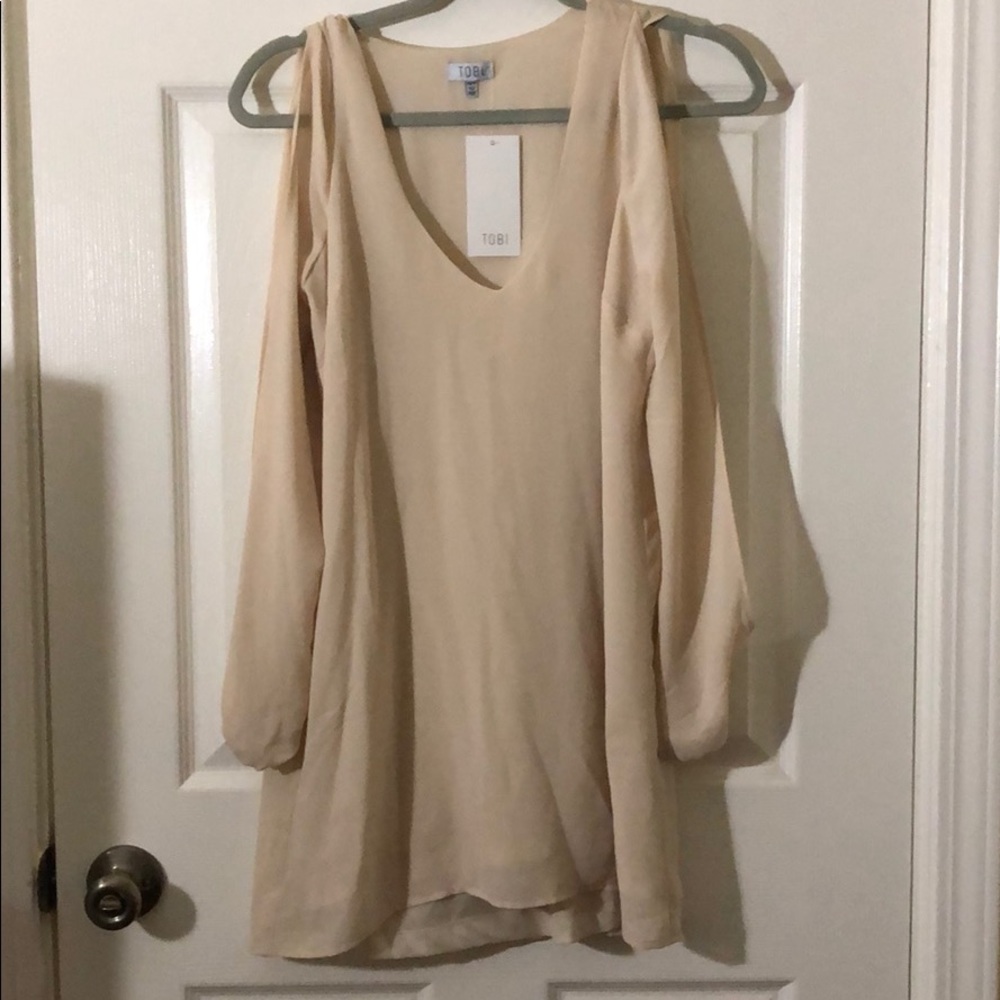 Beige long sleeve shift dress